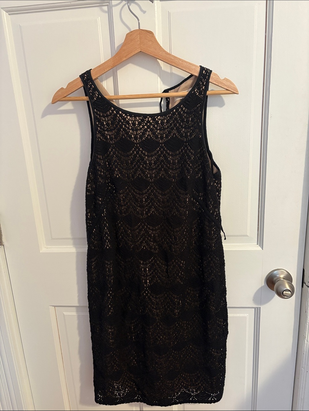 Black Sleeveless Shift Dress with Lined Crochet Detailing